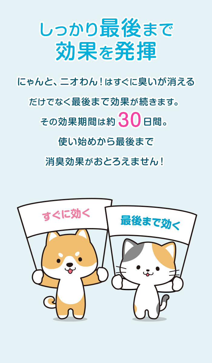 しっかり最後まで効果を発揮。にゃんと、ニオわん！はすぐに臭いが消えるだけでなく最後まで効果が続きます。その効果期間は約30日間。使い始めから最後まで消臭効果がおとろえません！