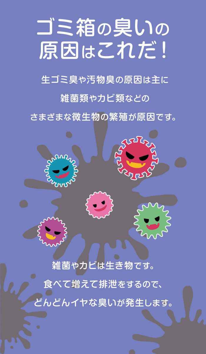 ゴミ箱の臭いの 原因はこれだ！生ゴミ臭や汚物臭の原因は主に雑菌類やカビ類などのさまざまな微生物の繁殖が原因です。雑菌やカビは生き物です。食べて増えて排泄をするので、どんどんイヤな臭いが発生します。