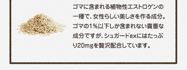 ゴマに含まれる植物性エストロゲンの一種で、女性らしい美しさを作る成分。ゴマの1％以下しか含まれない貴重な成分ですが、シュガードexにはたっぷり20mgを贅沢配合しています。