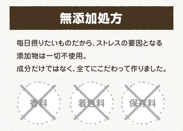 無添加処方 毎日摂りたいものだから、ストレスの要因となる添加物は一切不使用。成分だけではなく、全てにこだわって作りました。