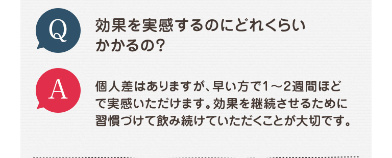 Q 効果を実感するのにどれくらいかかるの？ A 個人差はありますが、早い方で1～2週間ほどで実感いただけます。効果を継続させるために習慣づけて飲み続けていただくことが大切です。