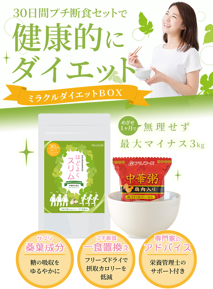 30日間の簡単プチ断食セットで目指せ最大マイナス3kg ミラクルダイエットbox 株式会社ネクストライフ