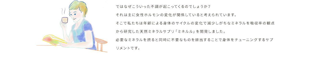 ではなぜこういった不調が起こってくるのでしょうか？それは主に女性ホルモンの変化が関係していると考えられています。そこで私達は年齢による身体のサイクルの変化で減少しがちなミネラルを吸収率の観点から研究した天然ミネラルサプリ「ミネルル」を開発しました。
