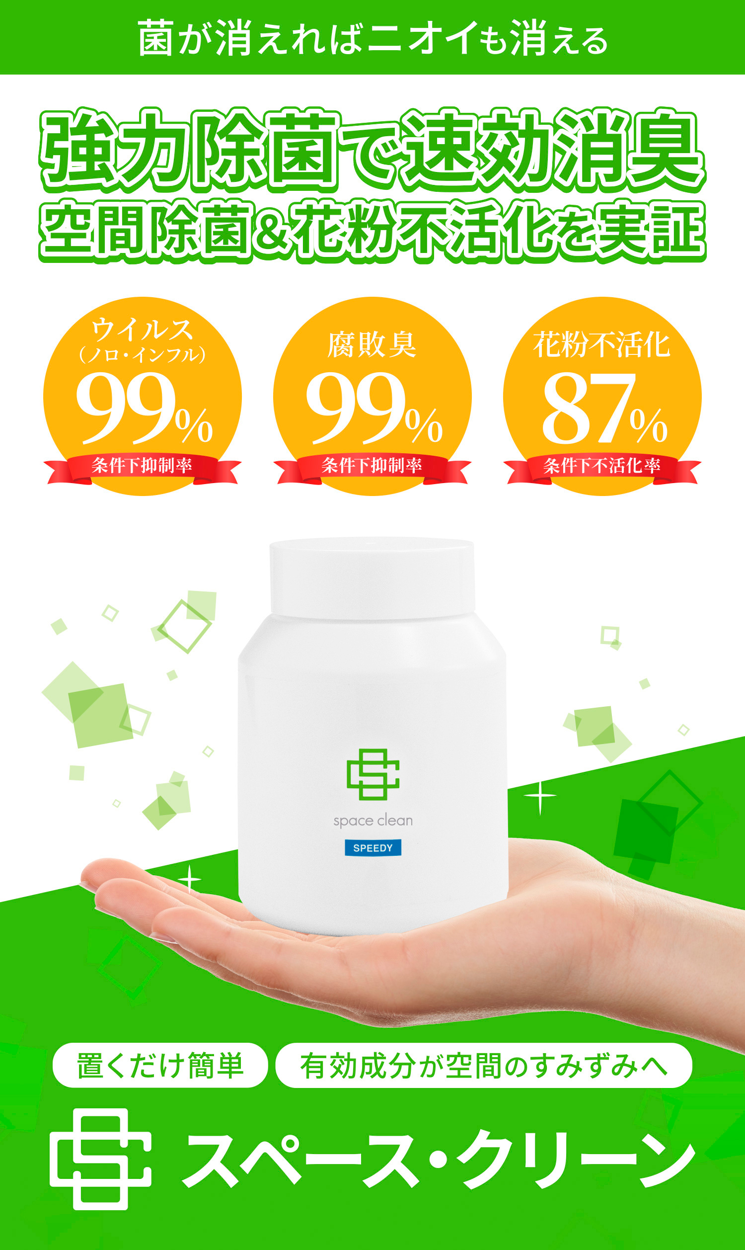 菌が消えればニオイも消える！強力除菌で速効消臭・空間除菌＆花粉不活化を実証！置くだけ簡単・有効成分が空間の隅々へ「スペース・クリーン」