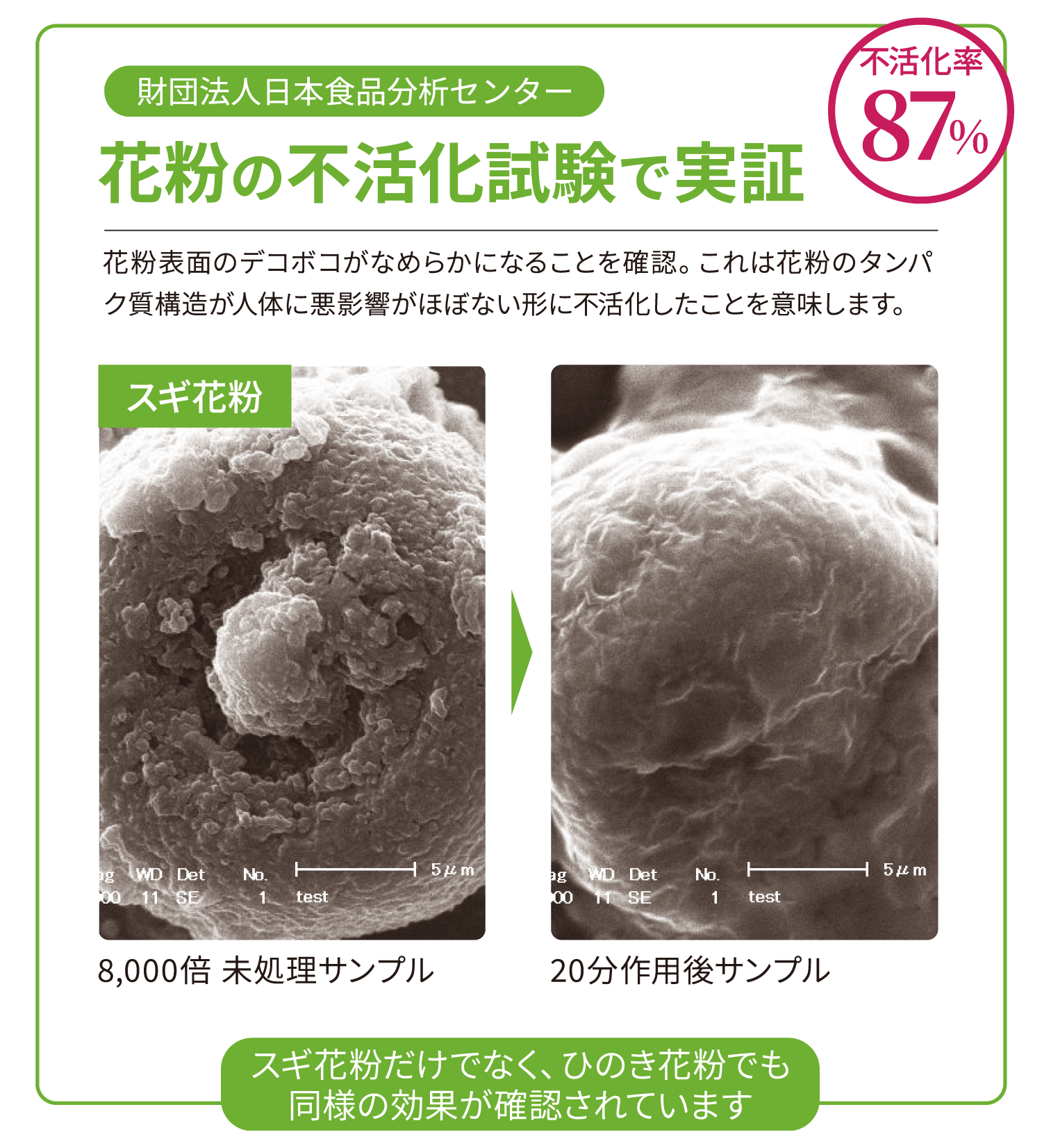 財団法人日本食品分析センター:花粉の不活化試験で実証:抑制率87%。花粉表面のデコボコがなめらかになることを確認。これは花粉のタンパク質構造が人体に悪影響がほぼない形に不活化したことを意味します。