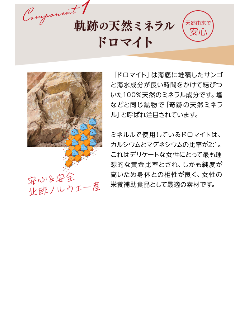 軌跡の天然ミネラルドロマイト:「ドロマイト」は海底に堆積したサンゴと海水成分が長い時間をかけて結びついた100%天然のミネラル成分です。塩などと同じ鉱物で「奇跡の天然ミネラル」と呼ばれ注目されています。ミネルルで使用しているドロマイトは、カルシウムとマグネシウムの比率が2:1。これはデリケートな女性にとって最も理想的な黄金比率とされ、しかも純度が高いため身体との相性が良く、女性の栄養補助食品として最適の素材です。