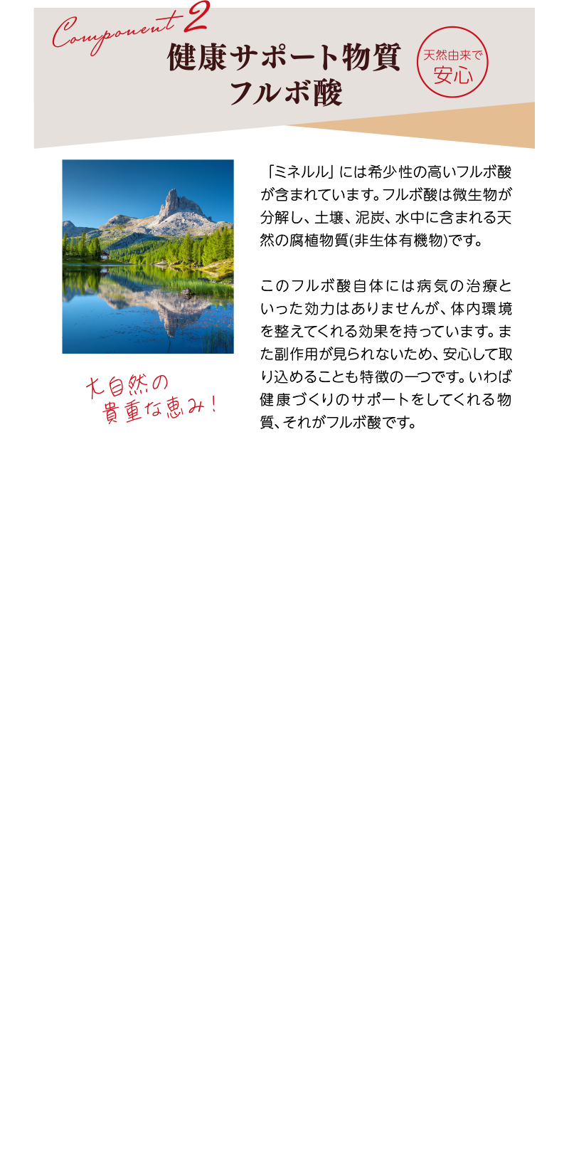 健康サポート物質フルボ酸:「ミネルル」には希少性の高いフルボ酸が含まれています。フルボ酸は微生物が分解し、土壌、泥炭、水中に含まれる天然の腐植物質(非生体有機物)です。このフルボ酸自体には病気の治療といった効力はありませんが、体内環境を整えてくれる効果を持っています。また副作用が見られないため、安心して取り込めることも特徴の一つです。いわば健康づくりのサポートをしてくれる物質、それがフルボ酸です。